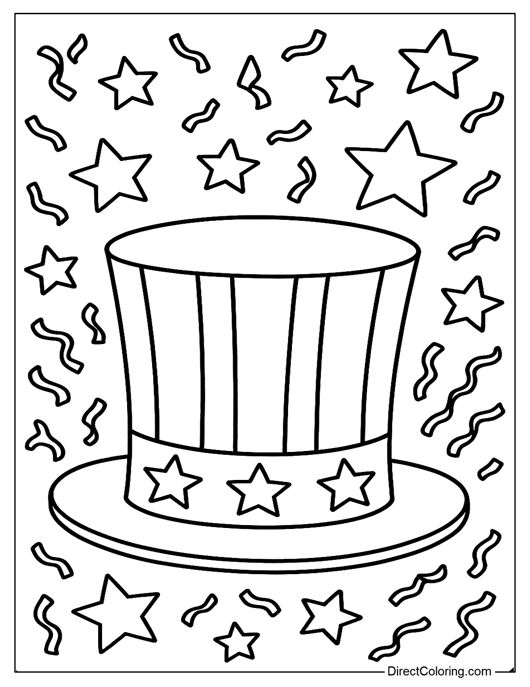 coloring page Uncle Sam's traditional hat with stars and confetti flying around it